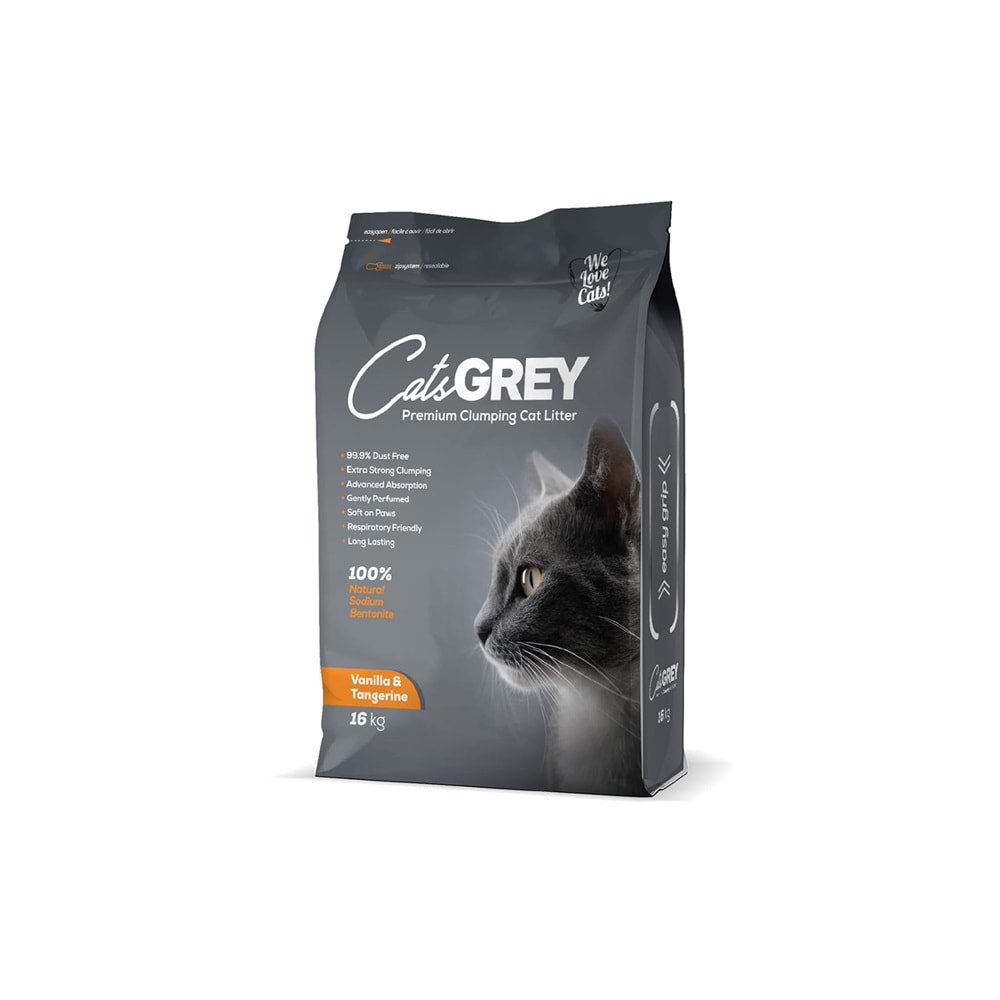 CatsGREY Premium Vanilya ve Mandalina Kokulu Tozsuz Topaklanan İnce Taneli Bentonit Kedi Kumu 16kg