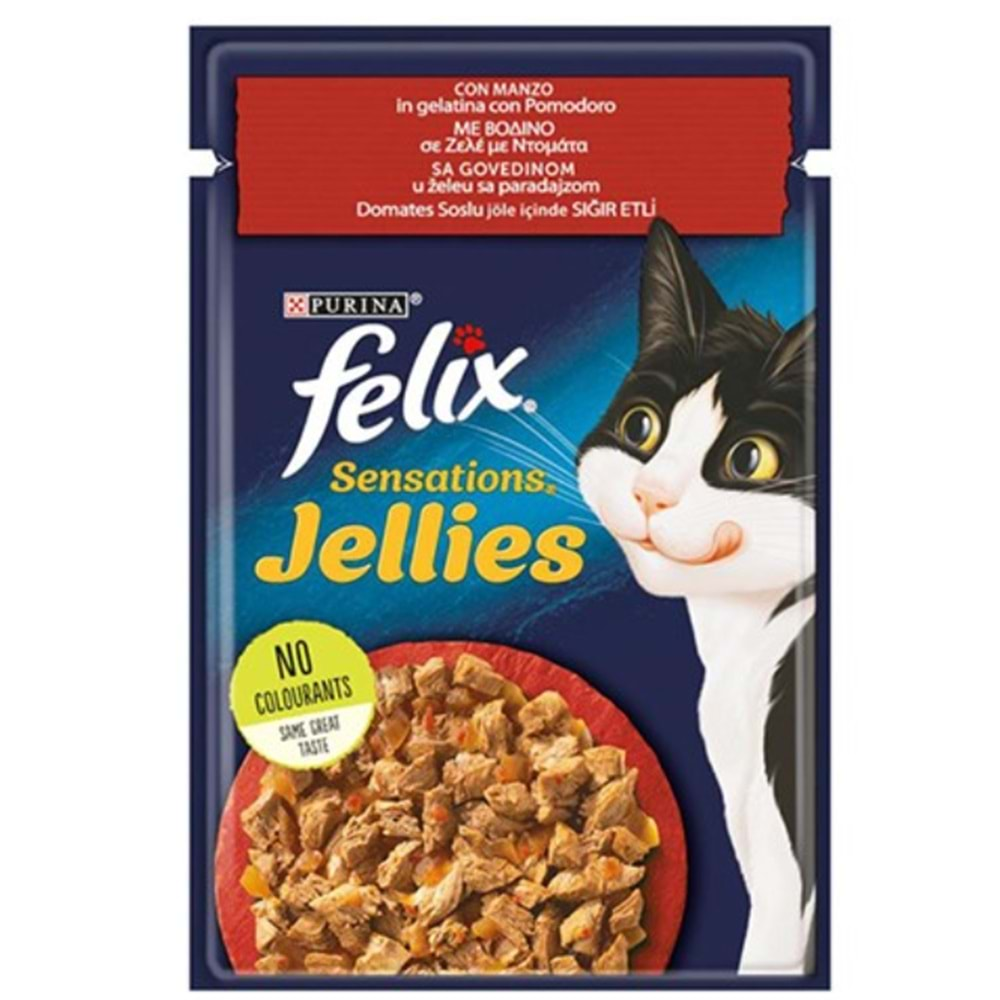 Felix Sensations Taze Jöle İçerisinde Domates Soslu Sığır Etli Yetişkin Kedi Konservesi 85 gr