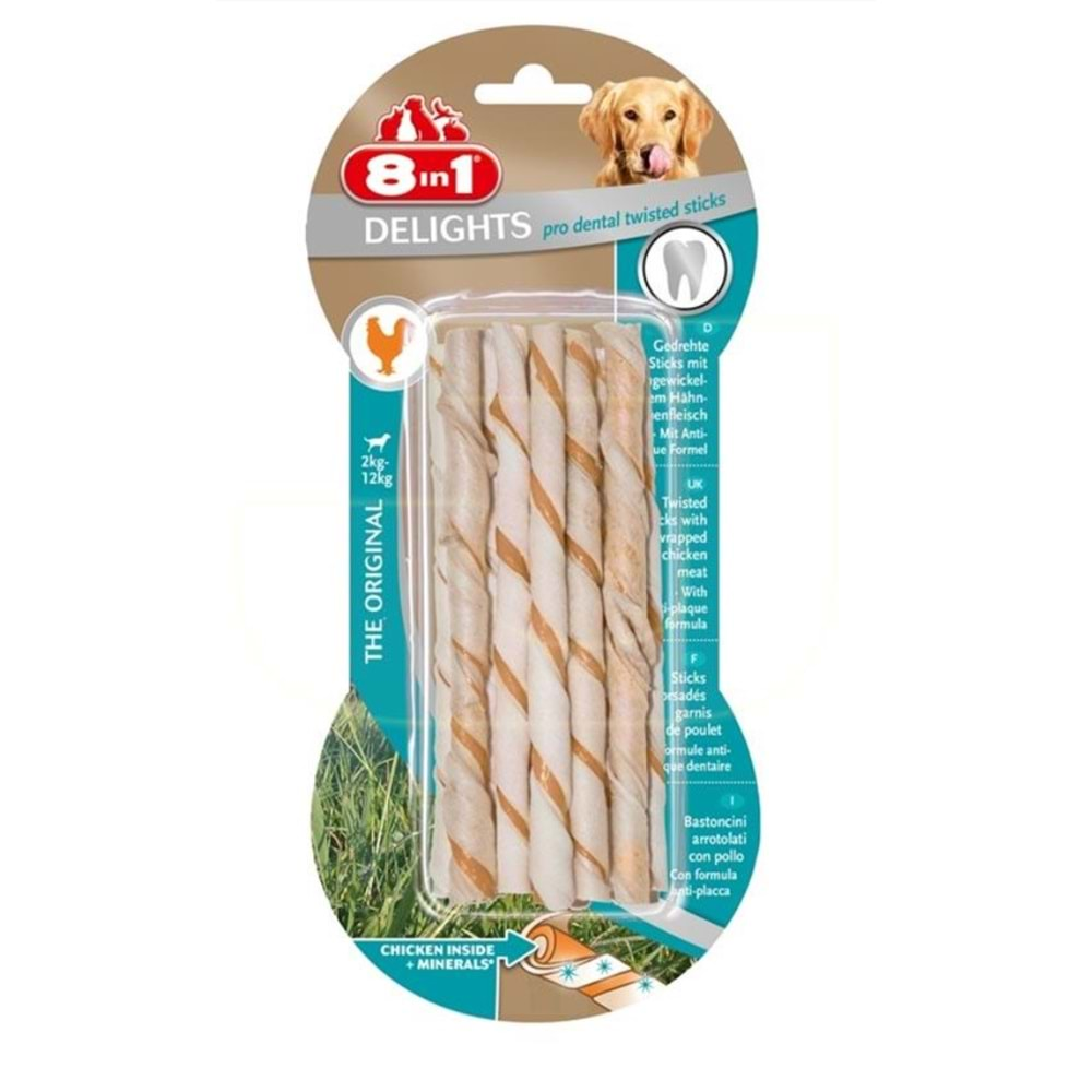 8in1 Delights Pro Dental Twisted Sticks Tavuk Etli Köpek Kemiği 55 gr