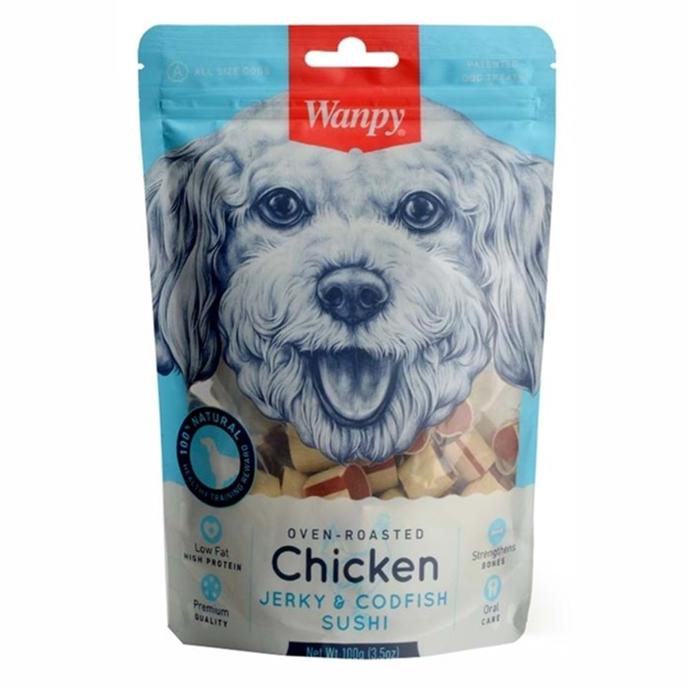 Wanpy Oven Roasted %100 Doğal Tavuk ve Morina Balık Sargılı Köpek Ödülü 100gr