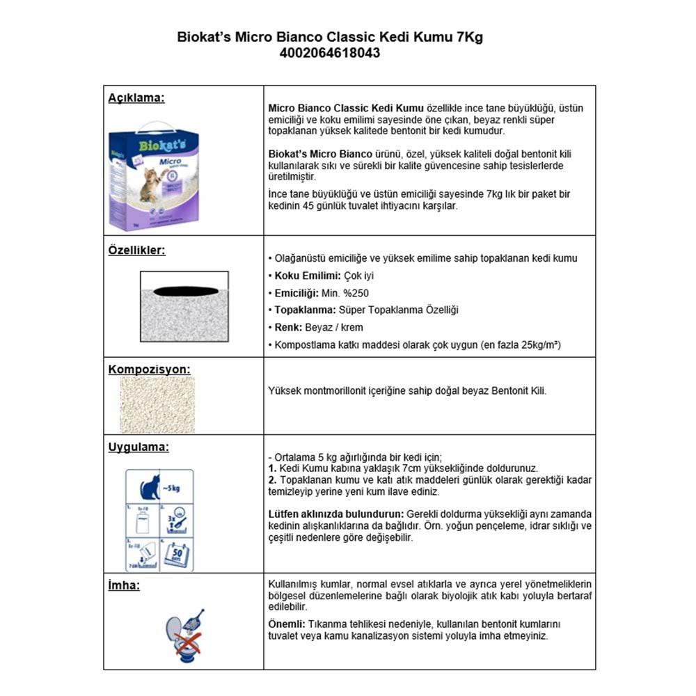 Biokats Micro Bianco İnce Taneli Topaklanan Kedi Kumu 7 kg