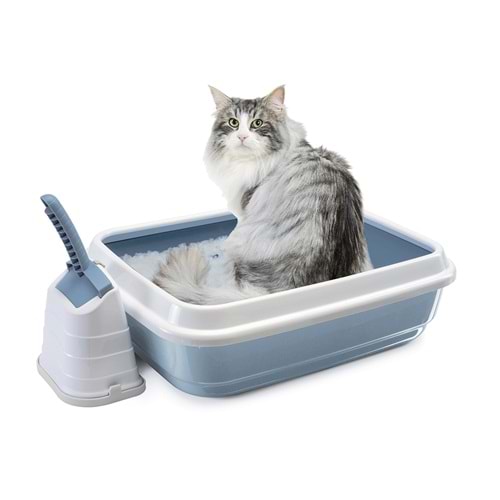 Imac Duo Açık Kedi Tuvalet Kabı Ve Kürek Beyaz/Mavi