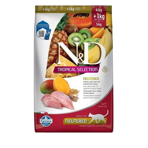 N&D Tropical Selection Tavuklu ve Tropikal Meyveli Kısırlaştırılmış Kedi Maması 4kg+1kg HEDİYE!