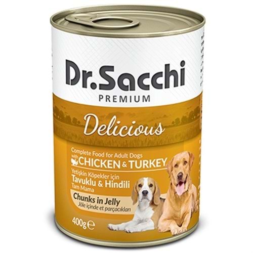Dr. Sacchi Jöle Et Parçalı Tavuk ve Hindi Etli Köpek Konservesi 400 Gr