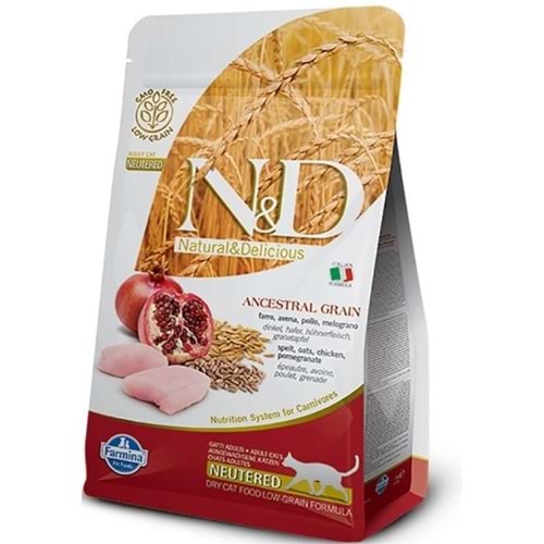 N&D Ancestral Grain Tavuklu ve Narlı Az Tahıllı Kısırlaştırılmış Kedi Maması 1,5kg
