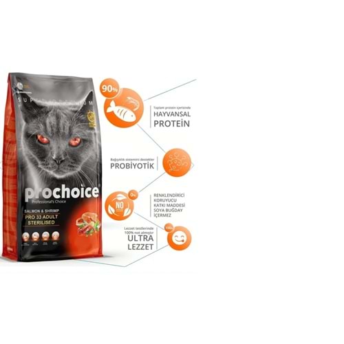 Pro Choice 33 Somonlu ve Karidesli Düşük Tahıllı Kısırlaştırılmış Kedi Maması 15kg